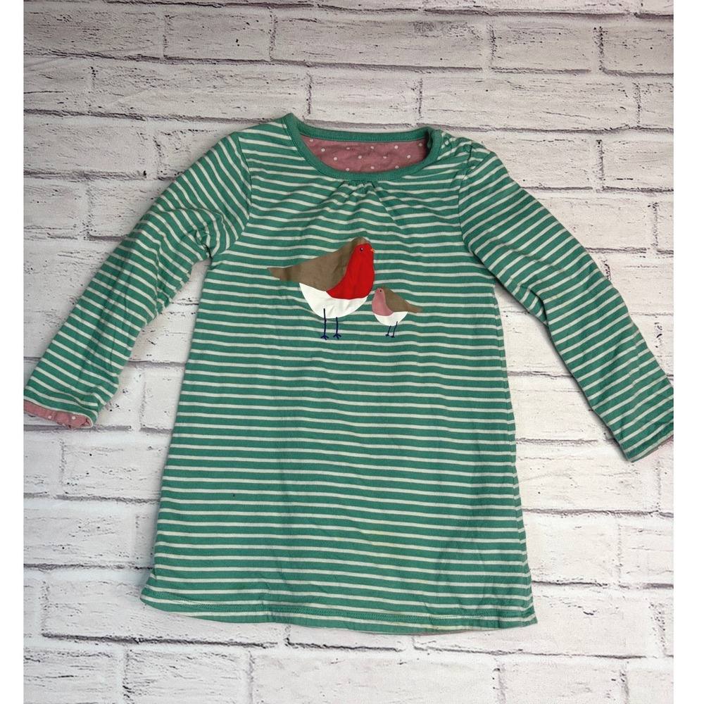 Baby Boden Green Striped Bird Applique Long Sleeve Dress 2-3Y 98cm